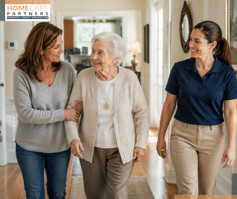 Elderly woman walks with two caregivers down a home hallway; HOME CARE PARTNERS logo is in the top-left corner.