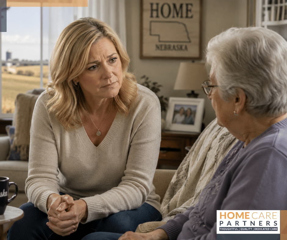 Caregiver and elderly client sit close on a sofa, having a serious home-care conversation in a cozy living room.